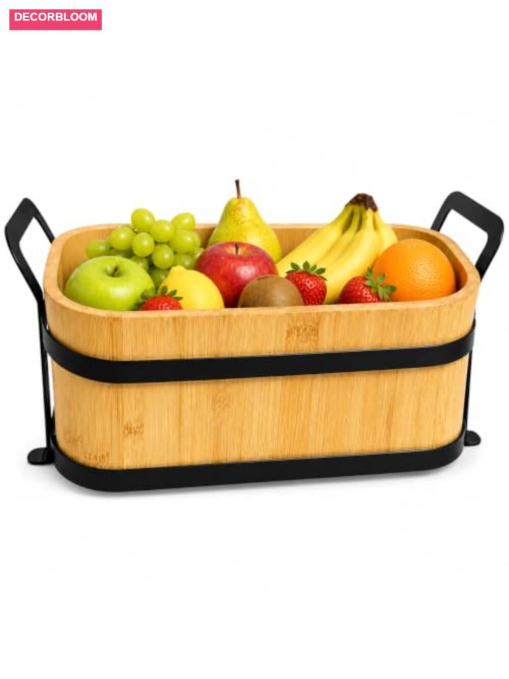 Bamboo Fruit Basket Kitchen Counter Snack Bread Organizer Metal Frame